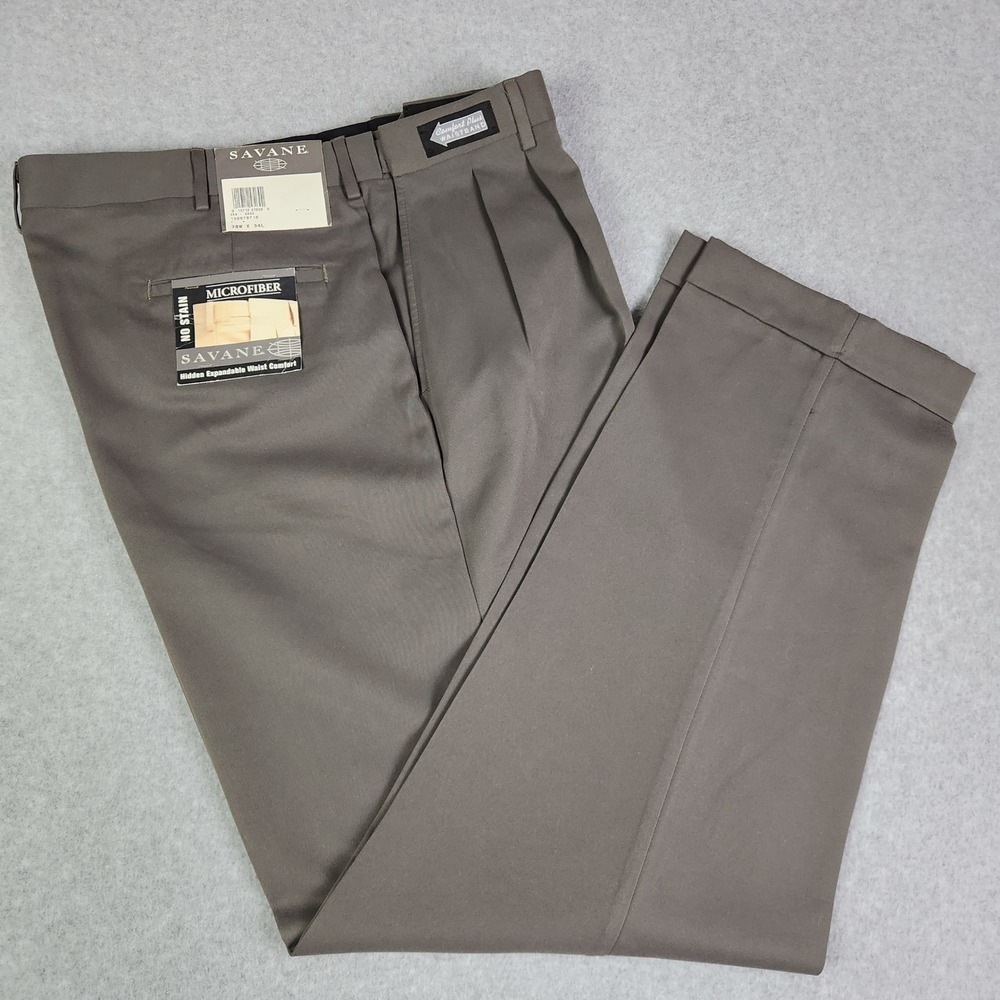 Savane Dress Pants Mens 38x34 Sage Green Formal Microfiber Pleated Comfort Waist